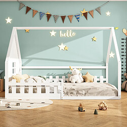 Merax Lit Plat 140*200cm-lit Cabane -lit Enfant-barrière De Sécurité-blanc