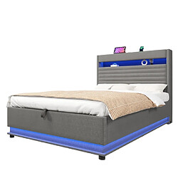 Merax Lit 140x200 Cm-avec Port De Chargement USB Type-c-lit Double LED-en Lin-gris
