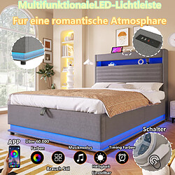 Merax Lit 90x200 Cm-avec Port De Chargement USB Type-c-lit Double LED-en Lin-gris pas cher
