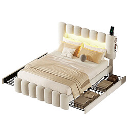 Merax Lit 160x200cm-lit Double Avec 4 Tiroirs-éclairage LED Avec USB Et Système Stéréo-beige
