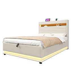 Merax Lit 140x200 Cm-avec Port De Chargement USB Type-c-lit Double LED-en Lin-beige