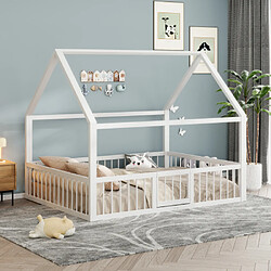 Merax Lit Cabane 140 X 200 Cm- Lit Enfant Avec Barrière-en Métal-sans Matelas-blanc