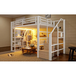 Merax Lit Mezzanine 140x200cm-compartiment De Rangement-éclairage LED-structure En Fer-blanc