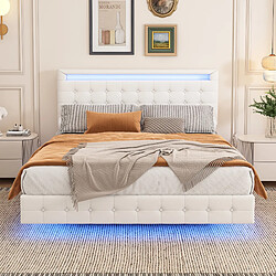 Merax Lit Plat 140x200cm-lit Double-éclairage LED-pu-suspension-tête Ajustable-blanc