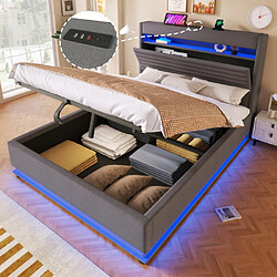 Merax Lit 140x200 Cm-avec Port De Chargement USB Type-c-lit Double LED-en Lin-gris