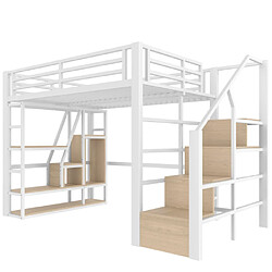 Merax Lit Mezzanine 140x200cm-compartiment De Rangement-éclairage LED-structure En Fer-blanc