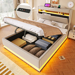 Merax Lit 140x200 Cm-avec Port De Chargement USB Type-c-lit Double LED-en Lin-beige