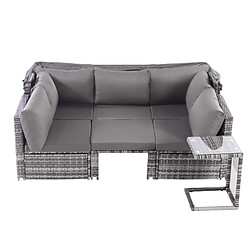 DZMDIP Salon de jardin rotin avec canapé, toit solaire, fauteuils, tabourets et table