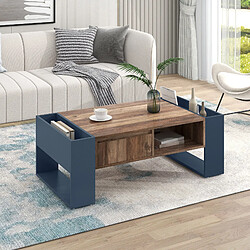 Table basse anthracite effet bois, 1 tiroir + rangements double face, grand espace de range