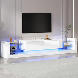 modfu Meuble TV blanc brillant 181x38x38 cm, 2 tiroirs abattants en verre, avec LED