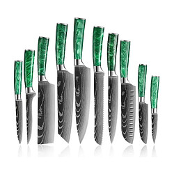 Set couteaux cuisine pro VURAHOME 10p acier inox 4Cr13 manches résine + étuis (vert)