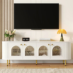 modfu Meuble TV blanc et or 170x35x55 cm, 4 portes en verre