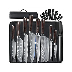 Set couteaux cuisine pro VURAHOME acier inox 4Cr13 manche bois+aiguiseur+sac Oxford 11p