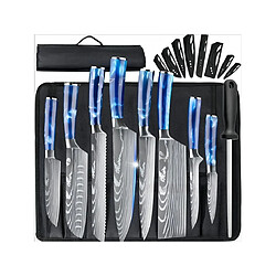 Set couteaux cuisine pro VURAHOME acier inox manche résine aiguiseur sac Oxford 11p (Bleu)