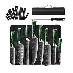 Set couteaux cuisine pro VURAHOME acier inox manche résine aiguiseur sac Oxford 11p (vert)
