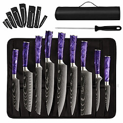 Set couteaux cuisine VURAHOME acier inox manche résine aiguiseur sac Oxford 11p (Violet)