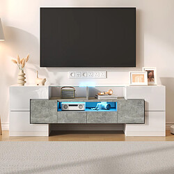 modfu Meuble TV blanc brillant 145x30x51 cm, 3 niches ouvertes, avec LED