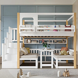 Lit Superposé Enfant 90x200 cm - ONEVER - éclairage LED intégré - Blanc et Naturel