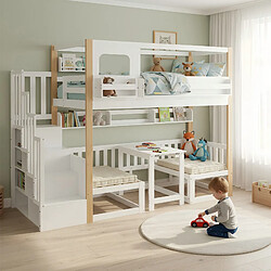 Lit Superposé Enfant 90x200 cm - ONEVER - éclairage LED intégré - Blanc et Naturel