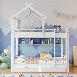 modfu Lit superposé 90x200 cm, avec tiroirs et étagères, avec sommier à lattes, en bois, blanc