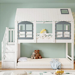 modfu Lit superposé 90x200 cm, avec escalier de rangement et lattes, en bois, blanc et gris