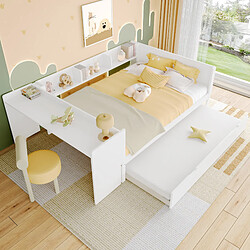 modfu Lit adulte 140x200 cm, avec bureau et lit gigogne, en bois, blanc