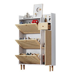 Smartue Meuble à chaussures en bois et rotin, L90×H125×P17 cm, Blanc