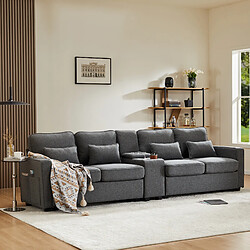 modfu Canapé droit 4 places en tissu gris foncé avec console, rangements et porte-gobelets