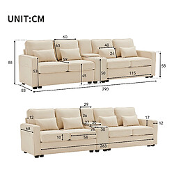 Avis modfu Canapé droit 4 places en lin beige avec console, porte-gobelets et ports usb