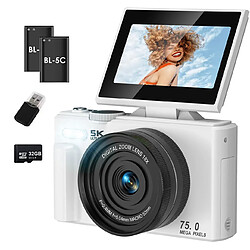 Appareil Photo Numérique 5K 75MP VURAHOME CL08 Écran 3" Zoom 18X 2 Batteries 32Go Blanc