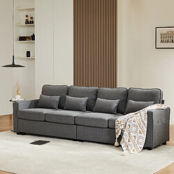 modfu Canapé droit 4 places en tissu gris foncé avec poches de rangement et 4 coussins