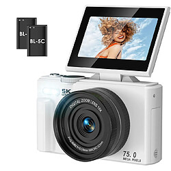 Appareil Photo Numérique 5K 75MP VURAHOME CL08 Écran 3" Zoom 18X 2 Batteries Blanc