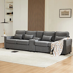 modfu Canapé droit 4 places en tissu gris foncé avec console, rangements et porte-gobelets
