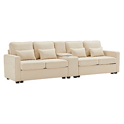 modfu Canapé droit 4 places en lin beige avec console, porte-gobelets et ports usb pas cher