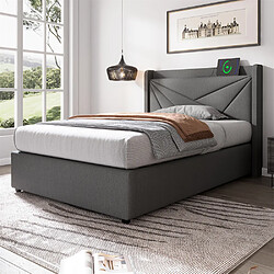 Pugsdrly Lit coffre adulte 90x200cm - Tissu en lin - Gris