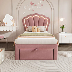 Pugsdrly Lit enfant 90x190 cm avec tiroir - Sommier à lattes - Velours - Rose