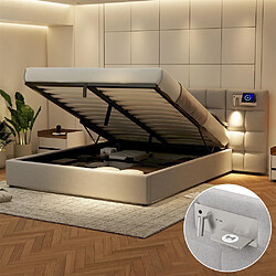 Pugsdrly Lit coffre 180x200 cm avec lampe, sommier à lattes, PU, gris