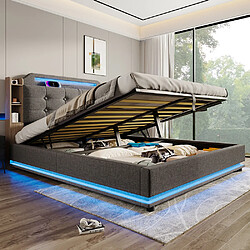 Pugsdrly Lit Coffre 140x200cm - Bande lumineuse LED - Lin - Gris