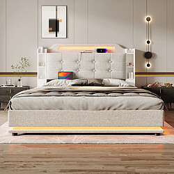 Pugsdrly Lit Coffre 140x200cm - Sommier à lattes - Lin - Beige