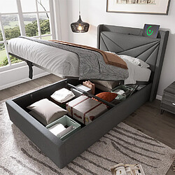 Pugsdrly Lit coffre adulte 90x200cm - Tissu en lin - Gris