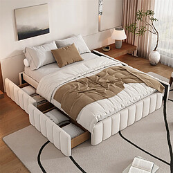 Pugsdrly Cadre de lit 140x200 cm avec 4 tiroirs, tissu velours, beige
