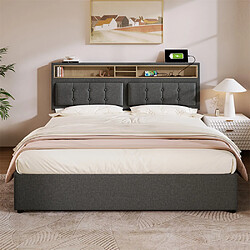 Pugsdrly Lit coffre 140x200 cm avec port USB, Tissu en lin, Gris