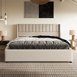 Pugsdrly Lit coffre adulte 140x200 cm - Sommier à lattes - Tissu lin beige