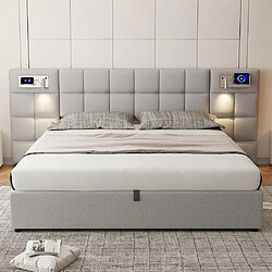 Pugsdrly Lit coffre 180x200 cm avec lampe, sommier à lattes, PU, gris