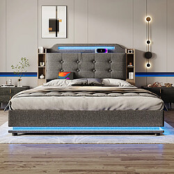 Pugsdrly Lit Coffre 140x200cm - Bande lumineuse LED - Lin - Gris