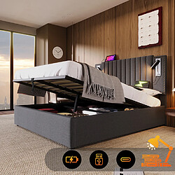 Pugsdrly Lit coffre double 160 x 200 cm avec lampe de lecture - Coton - Gris