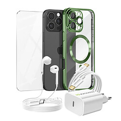 Mayaxess Pack pour iPhone 16 Pro Max Coque, Verre, Chargeur, Écouteurs (5 pièces) Vert
