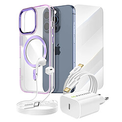 Mayaxess Pack Essentiel pour iPhone 15 Pro Coque, Verre, Chargeur, Écouteurs (5 pièces) Violet