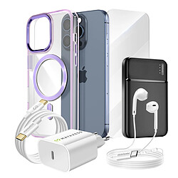 Mayaxess Pack pour iPhone 15 Pro Coque, Verre, Chargeur, Batterie externe, écouteurs Violet