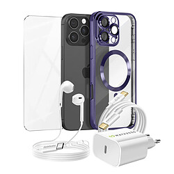 Mayaxess Pack pour iPhone 16 Pro Max Coque, Verre, Chargeur, Écouteurs (5 pièces) Violet
